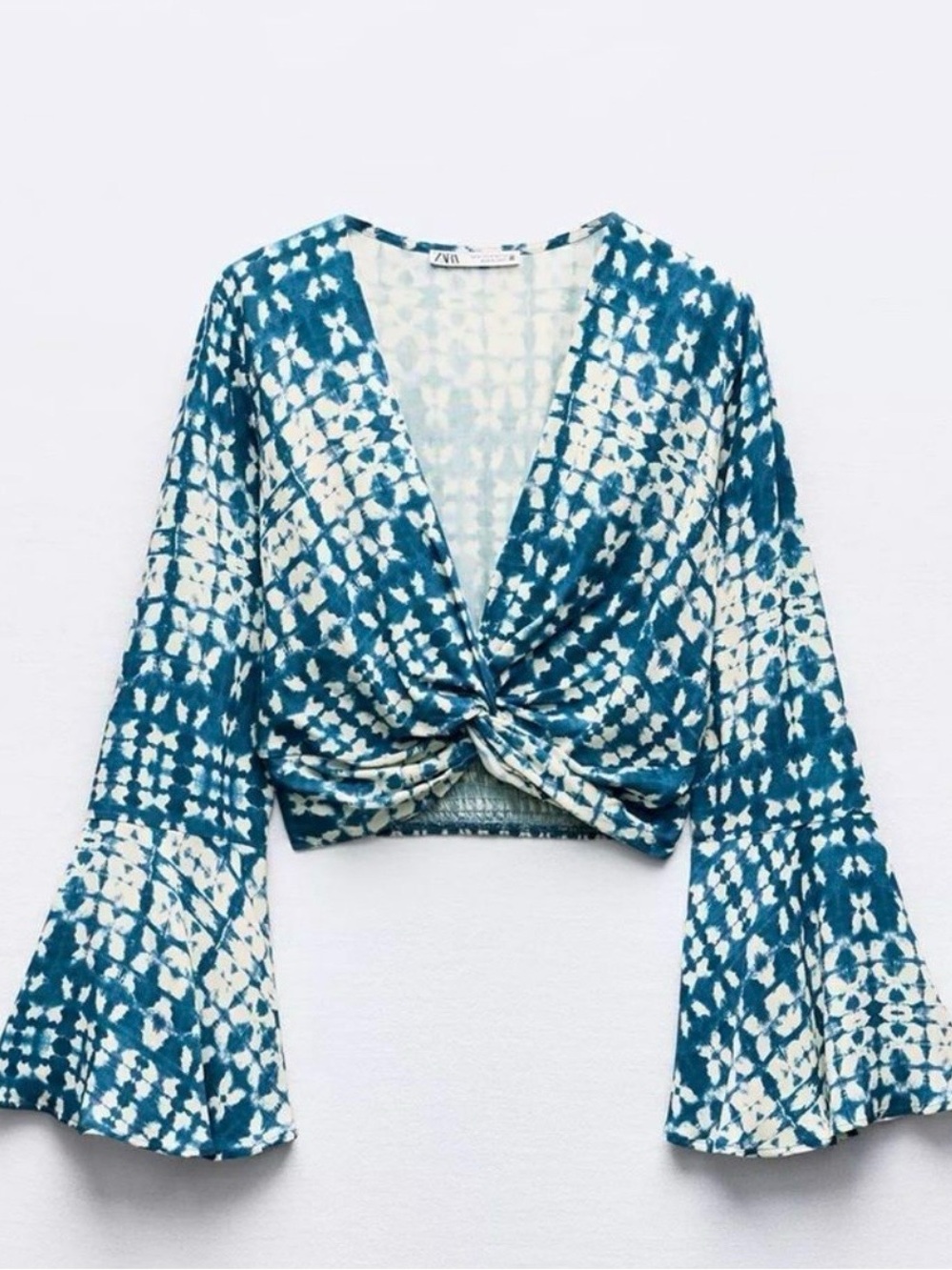 Zara Blue and White Printed Womens Bell Sleeve Blouse Top